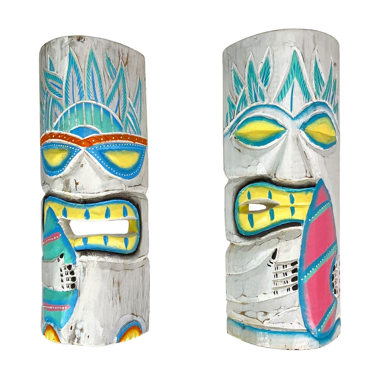 Set of 2 Pastel Surfer Tiki Masks 12" Hand-Carved Wooden Wall Decor Art